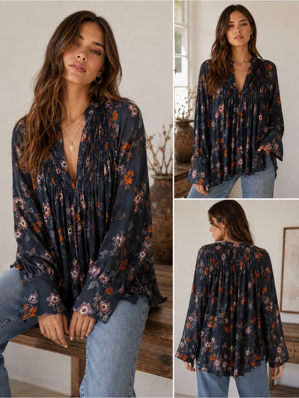 Free People Navy Floral Boho Tunic Blouse XS